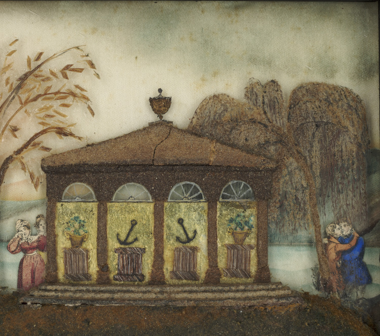 Painted scene in a garden near water. Two men embrace next to a tree. Two women look around corner of gazebo toward men,