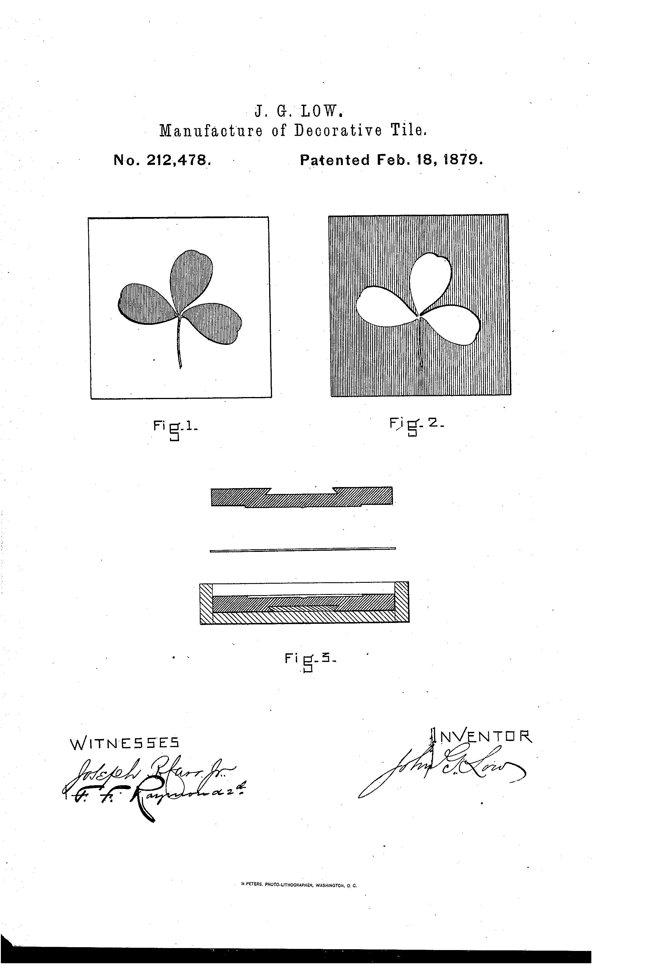 Patent with black and white drawings of white square with black clover labeled Fig. 1 and black square with white clover labeled Fig. 2. Text reads: J.G. Low Manufacturer of Decorative Tile, No. 212478, Patented Feb 18, 1879.
