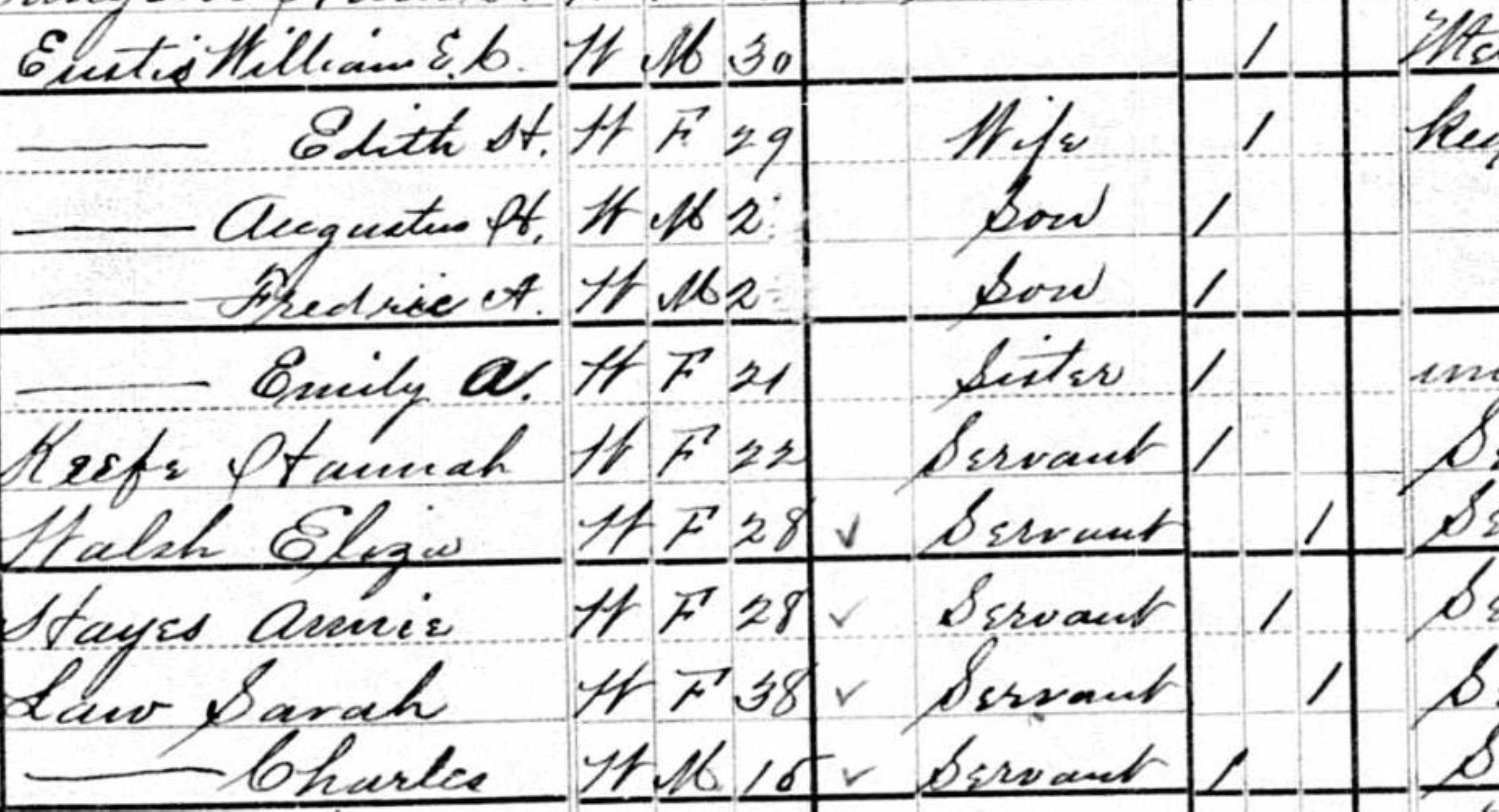 Close up of census page with handwritten names, races, genders, ages, and occupations.