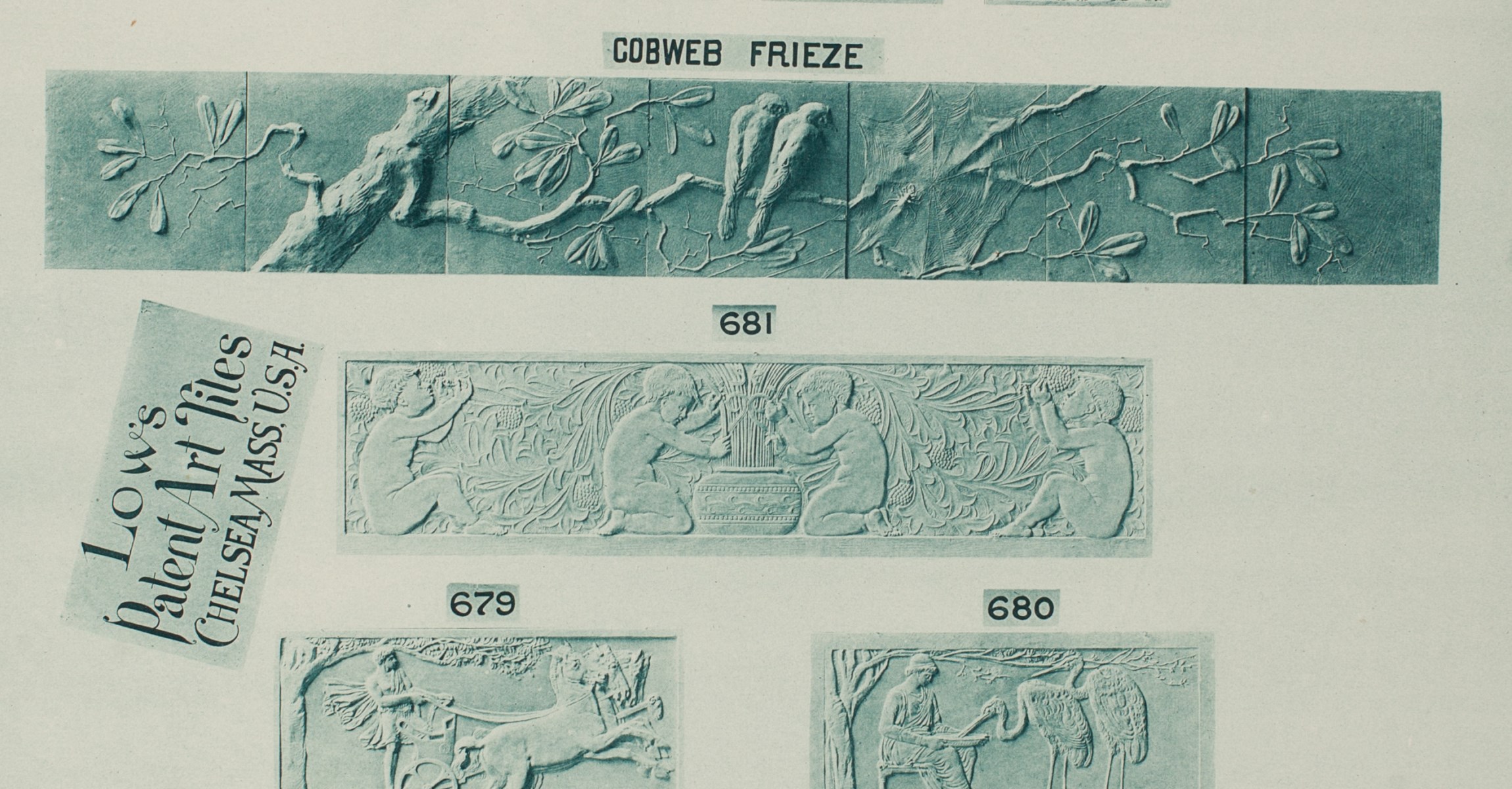 Gray image of tiles with low relief scene of birds on branch with cobweb, plus other gray relief tiles of people, horses, cranes, etc.