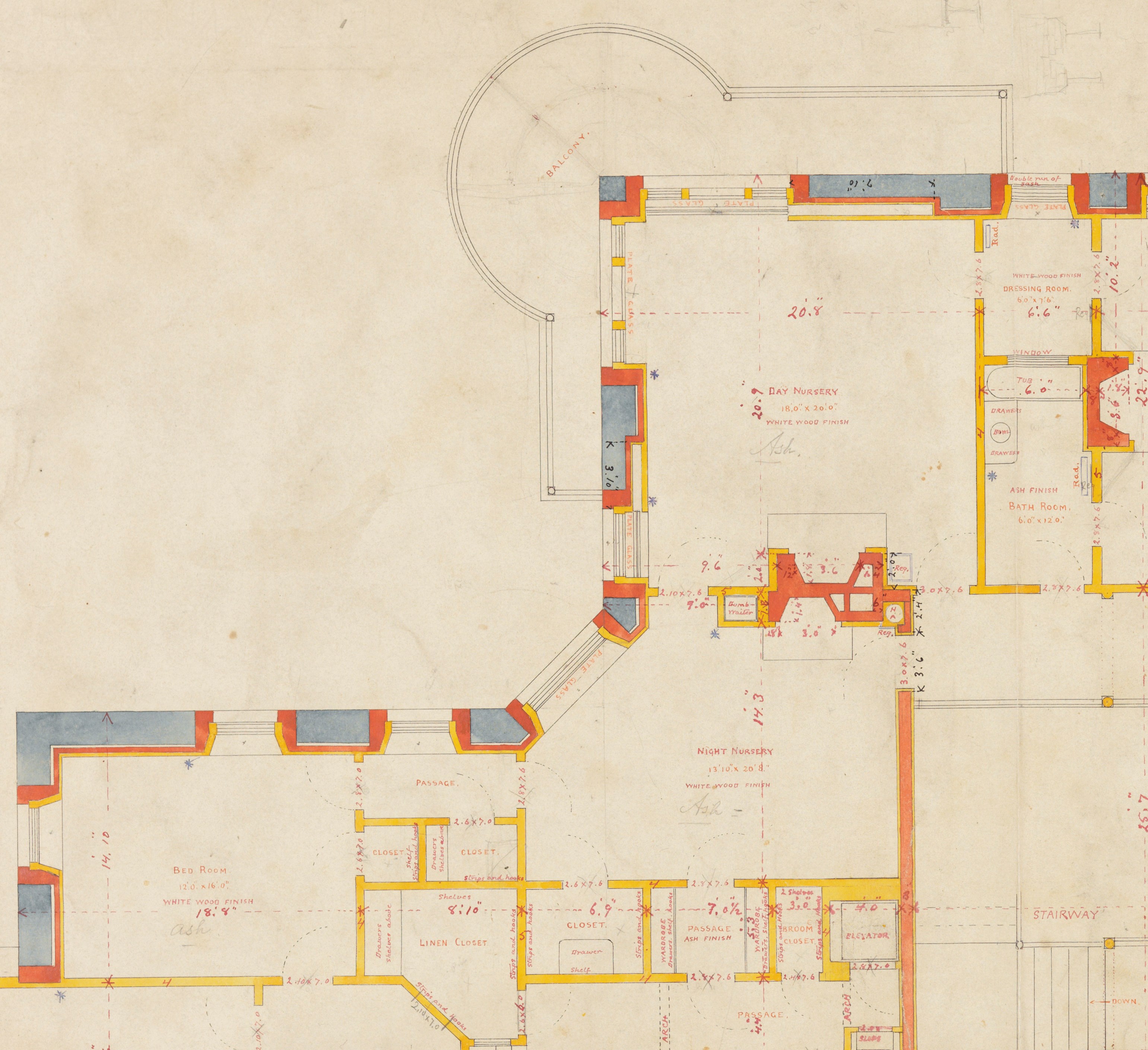 Detail of the builder's plans showing drawing of layout of rooms on the second floor including the nurseries and staff rooms.