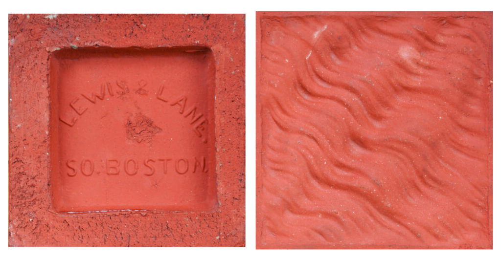 The back and front view of a square terracotta tile with Lewis & Lane So. Boston on the back and a design of wavy lines on the front.