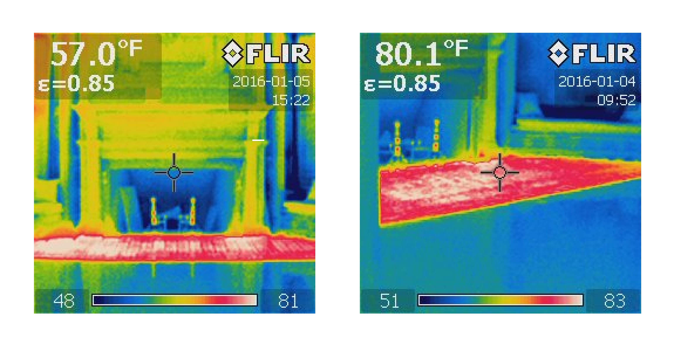 Thermal image of fireplace alcove showing mantle in blue and yellow and hearth tiles in red. Image on left shows 57 degrees Fahrenheit and image on right shows 80 degrees Fahrenheit. 