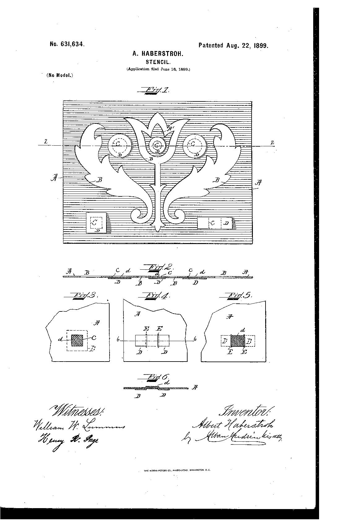 Patent for A. Haberstroh Stencil, patented Aug. 22, 1899. Black and white drawing of stencil pattern of a flower with notations and measurements.