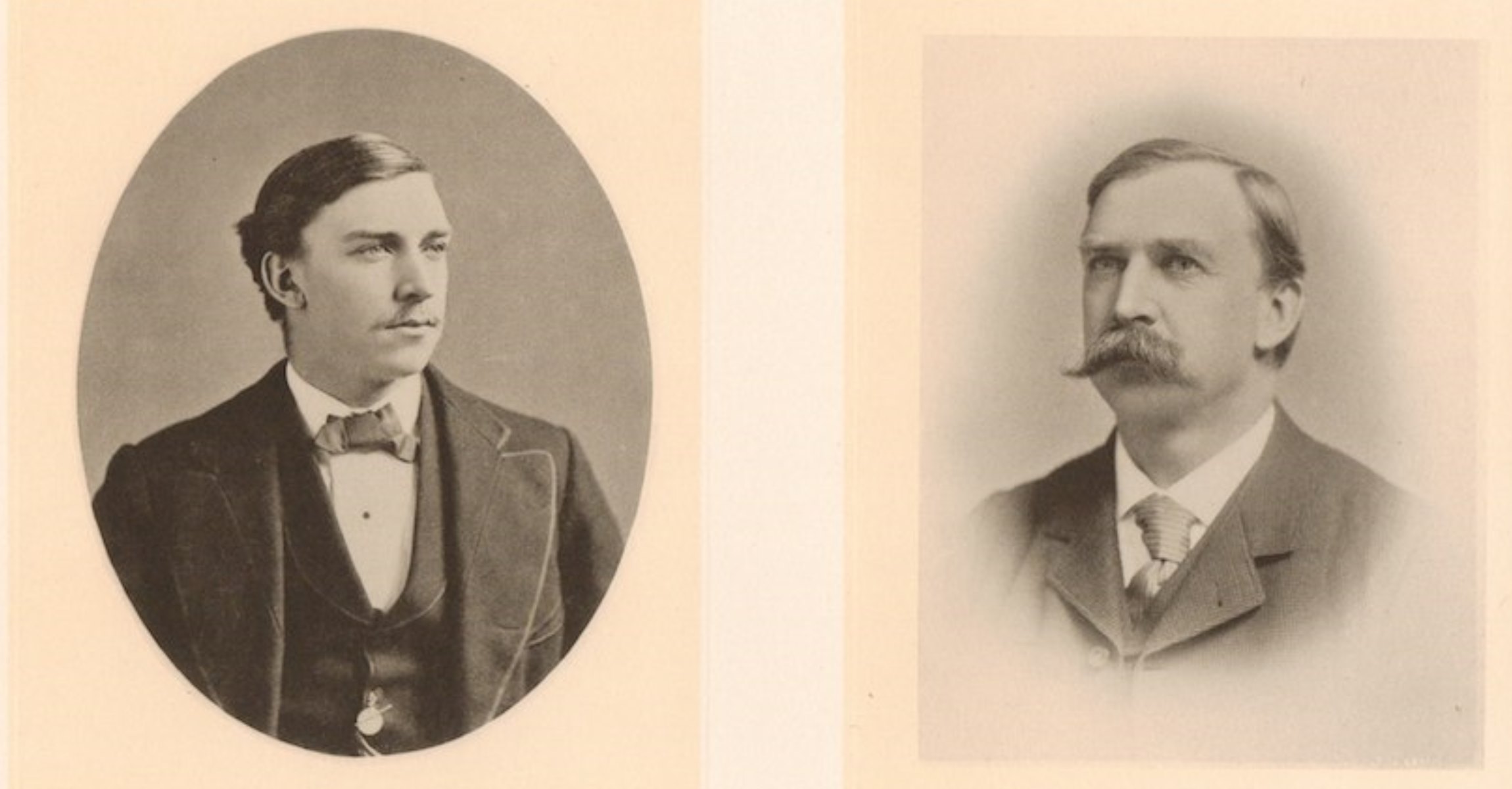 Black and white photographs of a white man with dark hair and moustache, wearing a suit and tie. 