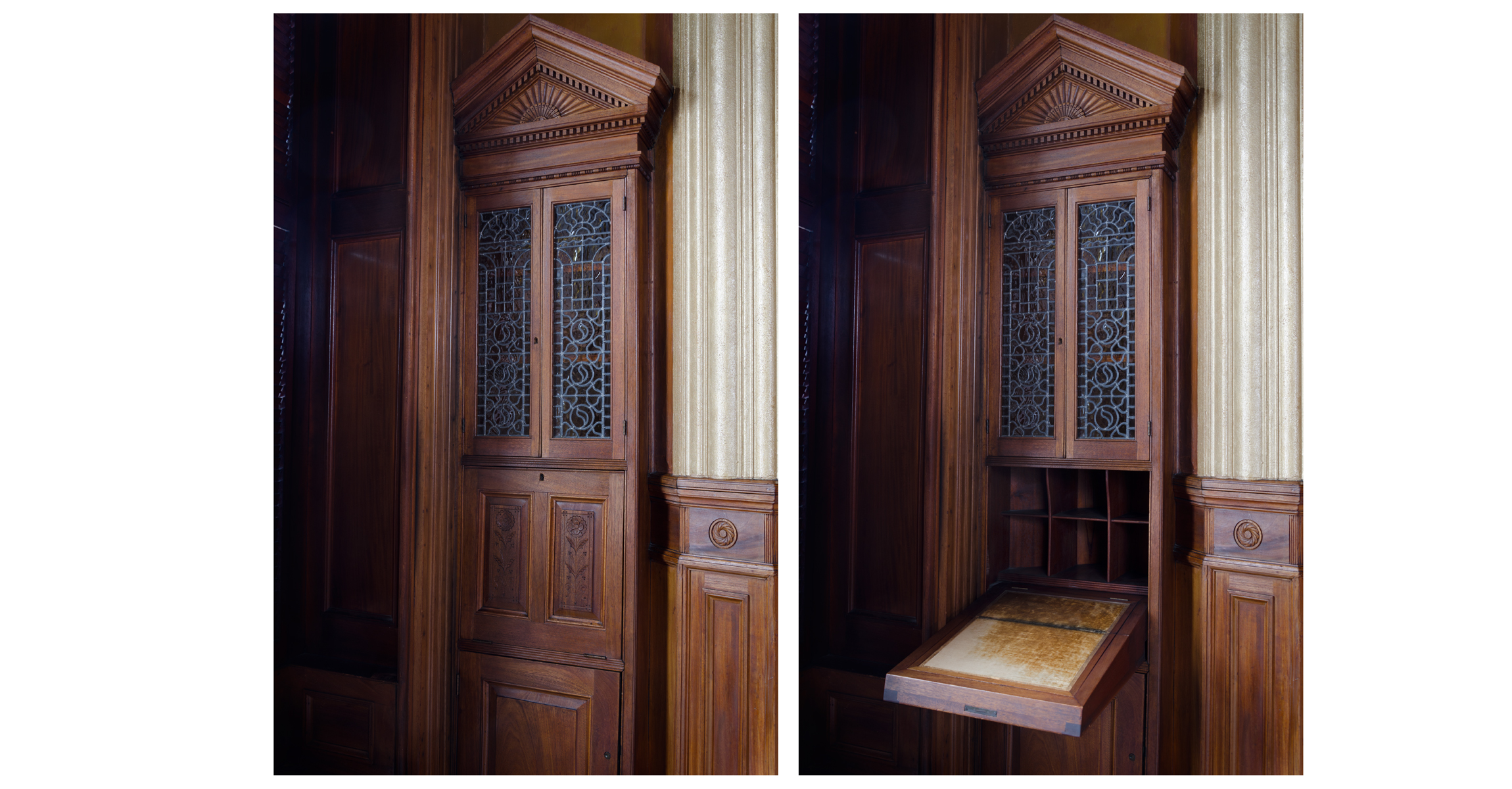 Decoratively carved wood cabinet with stained glass doors with second view showing the fold down desk open.