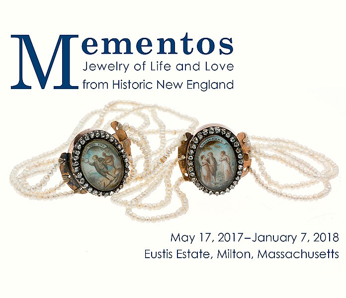 Mementos: Jewelry of Life and Love from Historic New England, May 17, 2017 to January 7, 2018, Eustis Estate Milton, Massachusetts. Two bracelets each with 3 rows of tiny white pearls and clasps that are oval paintings of figures surrounded by edge of small diamonds.