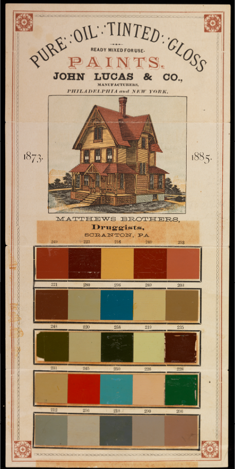 Paint company ad showing yellow and red house with 25 squares of colors.