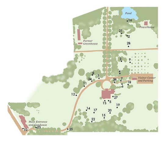 Map of the Eustis Estate grounds with numbers that indicate the location of the sculptures.