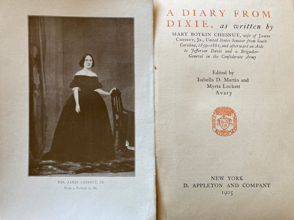 Black and white print of painting of woman in dress with hoop skirt. Opposite title page of book.