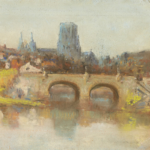 Pastel painting of an arched bridge over water.