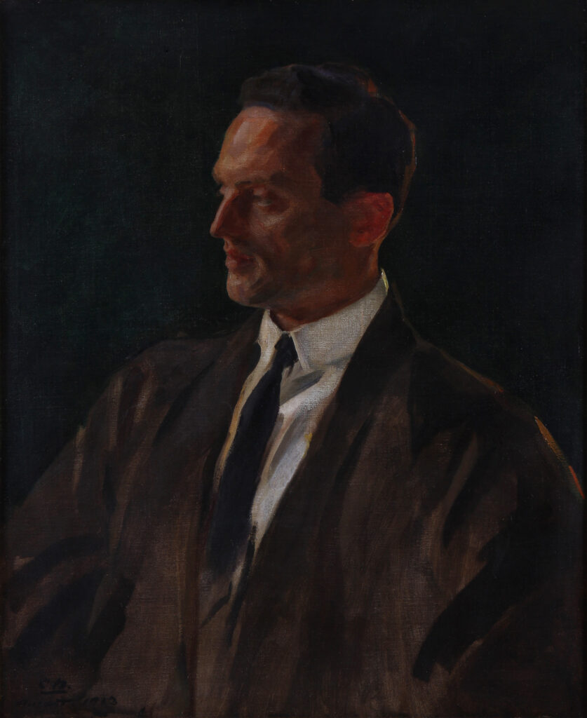 Painted portrait of a man looking to the left.